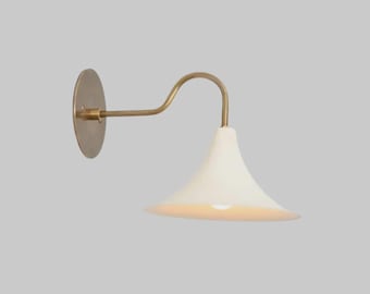 Mid Century Brass Wall Sconce, White Metal Shade, Minimalist Bedside Lamp