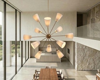 Mid-Century Modern Brass Sputnik Chandelier with Linen Shades