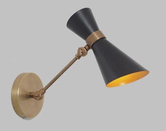 Mid Century Brass Wall Sconce, Black Cone Shade, Adjustable Arm