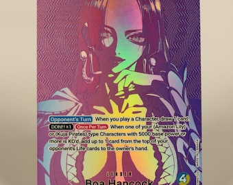 May include: A collectible trading card featuring Boa Hancock from the Seven Warlords of the Sea. The card has a holographic background with a portrait of Boa Hancock. The card includes text about gameplay and has a 5000 special rating.
