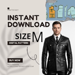 Puede incluir: Un patrón de costura digital para una chaqueta de cuero negra en talla M, con el texto INSTANT DOWNLOAD, SIZE M, DIGITAL PATTERN, BUY NOW, CRAFTBYIMZY, IMZY FASHION y HTTPS://CRAFTBYIMZY.ETSY.COM, junto a una imagen de las piezas del patrón.
