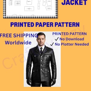 Puede incluir: Un patrón de chaqueta de cuero negro con una chaqueta a juego usada por una persona. La imagen incluye un patrón enmarcado y el texto "LEATHER JACKET" y "PRINTED PAPER PATTERN". Disponible en tallas S a 3XL.