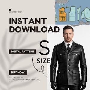 May include: A digital sewing pattern for a black leather jacket featuring a structured collar, four front pockets with silver buttons, and long sleeves. The graphic includes the text INSTANT DOWNLOAD, S SIZE, DIGITAL PATTERN, BUY NOW, CRAFTBYIMZY, and IMZY FASHION.