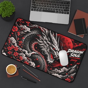 Gothic Dragon Gaming Mouse Pad, Red Floral Art, Non-Slip Desk Mat (32"x16")