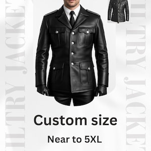 May include: A black leather military-style jacket featuring a collared neckline, a button-down front, four front pockets with buttoned flaps, and shoulder epaulets. The text reads MILTRY JACKET, Custom size, Near to 5XL, A0, A4, LARGE FILE, Instan download.