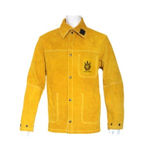 May include: A yellow leather jacket with a button-up front, two front pockets, and a collar. The jacket has a black patch on the collar and a logo on the chest that says "Safety King". The jacket is designed for protection.