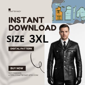 Könnte beinhalten: Eine schwarze Lederjacke mit strukturiertem Kragen, Knopfleiste und vier Vordertaschen. Das Bild enthält den Text: CRAFTBYIMZY, INSTANT DOWNLOAD, SIZE 3XL, DIGITAL PATTERN, BUY NOW, IMZY FASHION, eine URL sowie ein blaues Schnittmusterdiagramm.