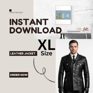 Puede incluir: Una chaqueta de cuero negra con cierre de botones, cuatro bolsillos delanteros y charreteras. La imagen incluye el texto CRAFTBYIMZY, INSTANT DOWNLOAD, XL Size, LEATHER JACKET, ORDER NOW, junto a un diagrama de patrones de costura.