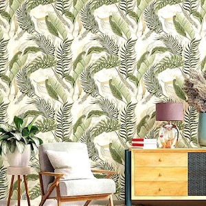 Rotolo di carta da parati con foglie di banana tropicali – Moderno murale botanico in PVC / 9,5 m x 0,53 m / Decorazione murale impermeabile e antimuffa