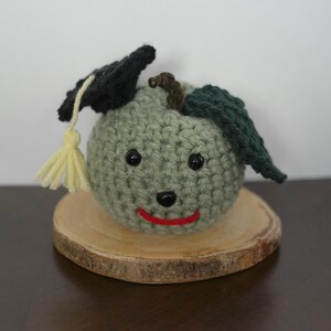 May include: A crocheted apple-shaped figure with a graduation cap and a smiling face. The apple is light green with black button eyes and a red stitched mouth. It sits on a small wooden slice, with a black cap and yellow tassel.