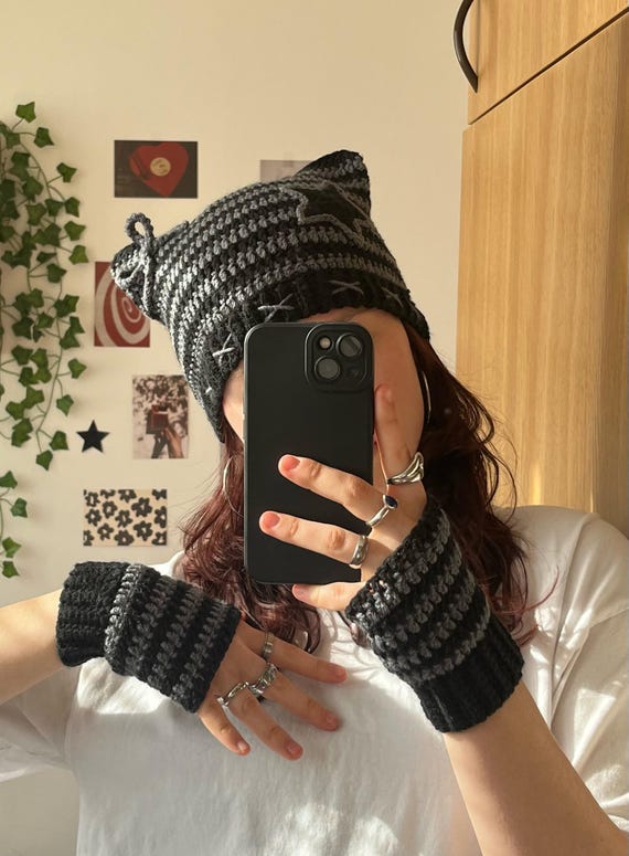 Crochet Fingerless Gloves • Striped Emo Grunge Arm Warmers - Etsy