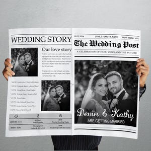 May include: A newspaper-style wedding announcement titled "Wedding Story" and "The Wedding Post" with photos of the couple, Devin & Kathy. The announcement includes the date, event details, and the phrase "ARE GETTING MARRIED."
