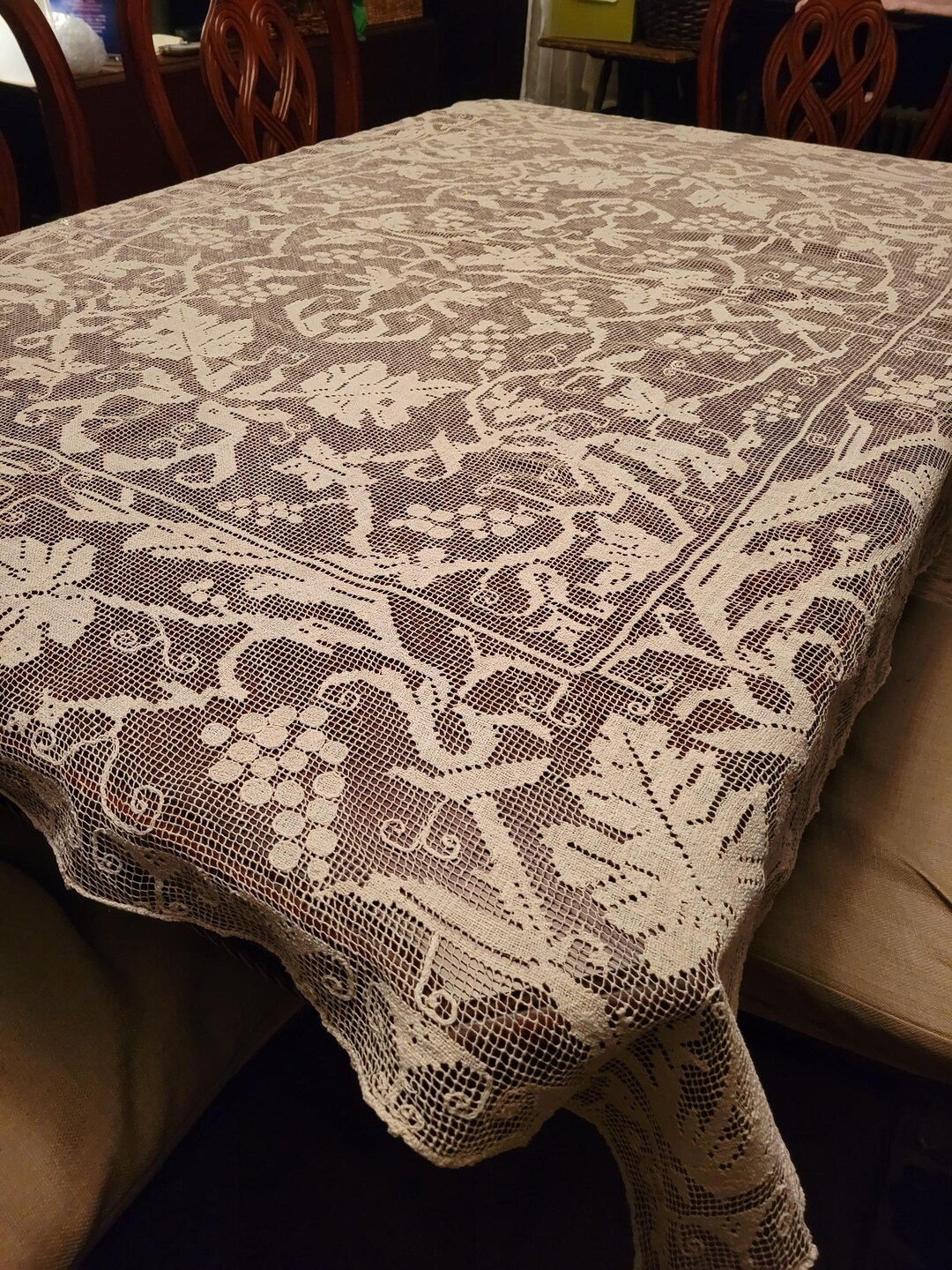 Vintage, Filet Crochet Net Tablecloth, Circa 1920. Grapevine Motif. - Etsy