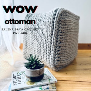 May include: A gray crocheted ottoman with the text "WOW ottoman SALENA BACA CROCHET PATTERN" on the wall behind it.
