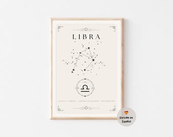 May include: A black and white printable poster with the constellation Libra and the word "LIBRA" in a decorative font. The poster has a white background and a wooden frame.