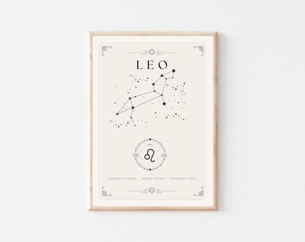 May include: A black and white printable poster with the Leo constellation and the Leo zodiac symbol. The poster has a beige background and a wooden frame. The text on the poster reads "LEO", "Inspiring Light", "Noble Heart", and "Generous Soul".