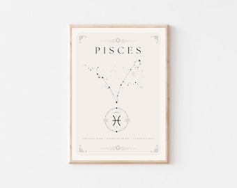 Pisces Zodiac Printable Art – Mystical Astrology Wall Decor with Constellation – Spiritual Gift for Pisces – Digital Download