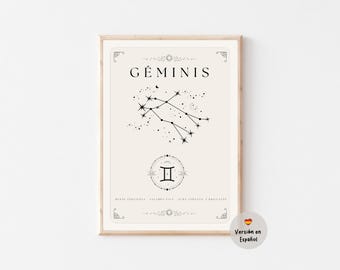 Gemini Zodiac Sign in Spanish – Gemini Constellation – Gift for Gemini – Gemini Poster – Instant Download Astrology Art