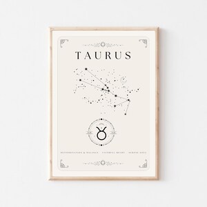 Puede incluir: Un póster imprimible en blanco y negro con un mapa de constelación de Tauro, el toro. El póster tiene un diseño simple y minimalista con un fondo blanco y líneas negras. El texto "TAURUS" está en la parte superior del póster, y el mapa de constelación está centrado. El póster también incluye el símbolo del zodíaco de Tauro y el texto "DETERMINATION & BALANCE,  FIDELITY HEART,  GROUNDED SOUL".
