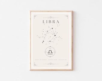 May include: A black and white printable poster with the zodiac sign Libra. The poster features a constellation of stars with the Libra symbol in the center. The text "LIBRA" is at the top of the poster.