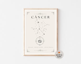 Cancer Zodiac Poster – Printable Astrology Art – Cancer Constellation & Horoscope – Digital Gift for Cancer Sign (Spanish Version)