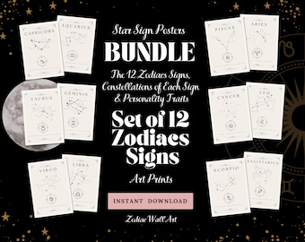 Printable Zodiac Sign Wall Art – Set of 12 Astrology Star Sign Prints – Zodiac Poster Set – Instant Download