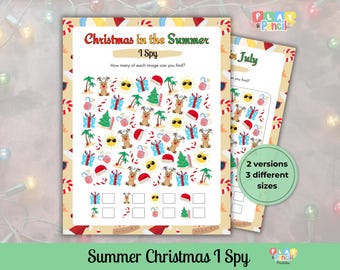May include: Two printable activity sheets with a summer Christmas theme. The sheets feature a colorful "I Spy" game with images of reindeer, presents, and sunglasses. The text reads "Christmas in the Summer" and "Summer Christmas 1 Spy".