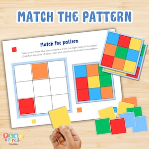 May include: An educational game with the text "Match the Pattern". The game features a sheet with a grid and coloured squares, alongside individual coloured squares for matching. The game is designed to help children learn about patterns and colours.