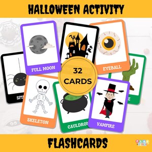 May include: A collection of Halloween-themed flashcards. The cards feature illustrations of a full moon, spider, skeleton, cauldron, eyeball, vampire, and a haunted house. The set includes 32 cards, perfect for Halloween activities.