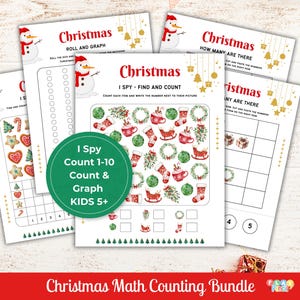 May include: A bundle of Christmas-themed educational worksheets for kids. The worksheets feature a snowman, festive graphics, and the words "Christmas" and "I Spy". The bundle includes counting and graphing activities for children aged 5 and up.
