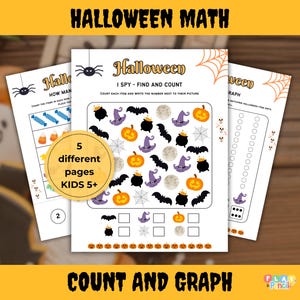 May include: Halloween-themed educational worksheets for kids aged 5+. The worksheets feature counting and graphing activities with Halloween-related images like pumpkins, bats, and witch hats. The text on the worksheets says "Halloween I Spy - Find and Count".