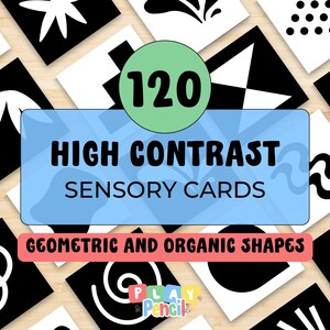 May include: High contrast sensory cards with geometric and organic shapes. The cards are black and white with various patterns and designs. The image includes the text "120 High Contrast Sensory Cards Geometric and Organic Shapes".