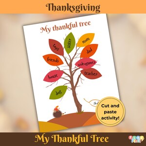 Thanksgiving Gratitude Tree, Cut and Paste Craft Activity for Kids, Dinner or Classroom Games, Fun Printable Fall Family Reunion TG1