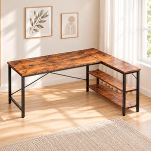 L Shaped Desk with Storage Shelves, Rustic Wood Corner Computer Desk for Home Office, Gaming Room & Study Table with Bookshelf