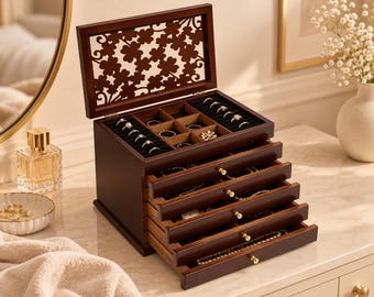 Wooden Jewelry Box with Drawers, Large Armoire Organizer Cabinet, Keepsake Gift for Wife Birthday, First Anniversary Present for Her