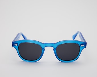 Small - New York Eye_rish Causeway Glasses Blue frame with grey lenses.