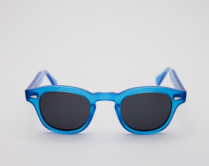 Small - New York Eye_rish Causeway Glasses Blue frame with grey lenses.