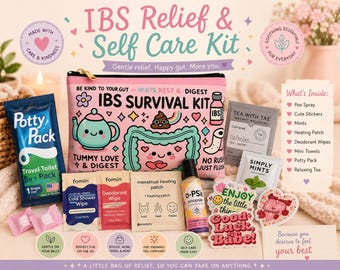 May include: A pink zippered pouch labeled IBS SURVIVAL KIT with cartoon illustrations of a teapot, a colon, and a poop emoji. The kit includes a Potty Pack, cold shower wipe, deodorant wipe, heating patch, O-psie spray, mints, tea, and stickers.