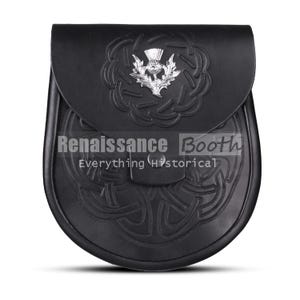 Handgemachter Kilt Sporran aus schwarzem Leder mit Scottish Distle Emblem