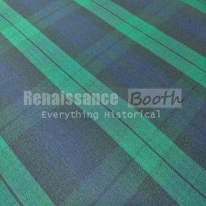 May include: Close-up of a fabric with a plaid pattern in shades of green and blue. The fabric has diagonal stripes and the text "Renaissance Booth Everything Historical" is visible.