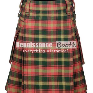 May include: A traditional kilt in a red, green, and tan plaid pattern. The kilt features pleats, adjustable straps with metal buckles, and the text "Renaissance Booth Everything Historical".