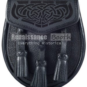 Premium Handgefertigter Schottischer Kilt Sporran aus schwarzem Leder mit Lasergravur - Scottish Day Sporran - Kilt Sporran mit keltischer Prägung - auf Bestellung