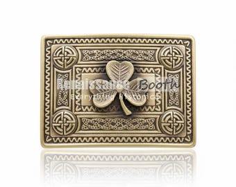 Scottish Kilt Belt Buckle – Handmade Brass Antique Shamrock Emblem Design – Size 3.5 x 2.5 Inch Premium Celtic Kilt Buckle