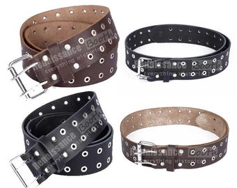 Brown / Black Leather KILT BELT - Real Leather 2 Inches Wide Kilt Belt - Brass Eyelets - Double Prong Buckle - Custom Size