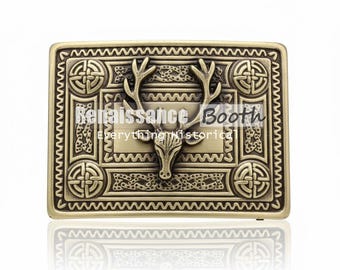 Scottish Kilt Belt Buckle – Handmade Brass Antique Stag Emblem  Design – Size 3.5 x 2.5 Inch Premium Celtic Kilt Buckle