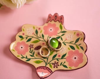 Small Pink bird ceramic plate with flowers, Aesthetic jewelry dish, Rustic decorative trinket tray, Cottagecore ring dish