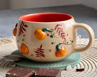 Cute 3D Pumpkin ceramic cup 15.2 Oz, Artistic fall coffee cup, Unique beige tea cup, Latte mug, Farmhouse pottery mug, Rustic cappuccino cup