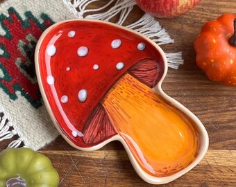 Amanita mushroom ceramic ring dish, Fall trinket tray, Fly agaric spoon rest, Tea bag holder, Dessert plate, Decorative plate