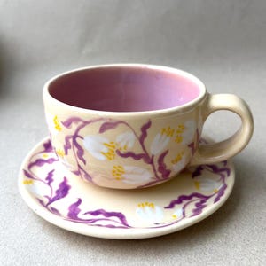 Small Floral ceramic mug and plate, Unique purple coffee cup with saucer set, Rustic pottery mug and dessert plate, Housewarming gift