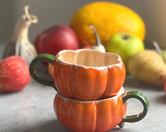 Leuke keramische pompoenkop 11,8 oz, herfstkoffiekop, unieke theekop, boerderijaardewerkmok, handgemaakte drinkgerei